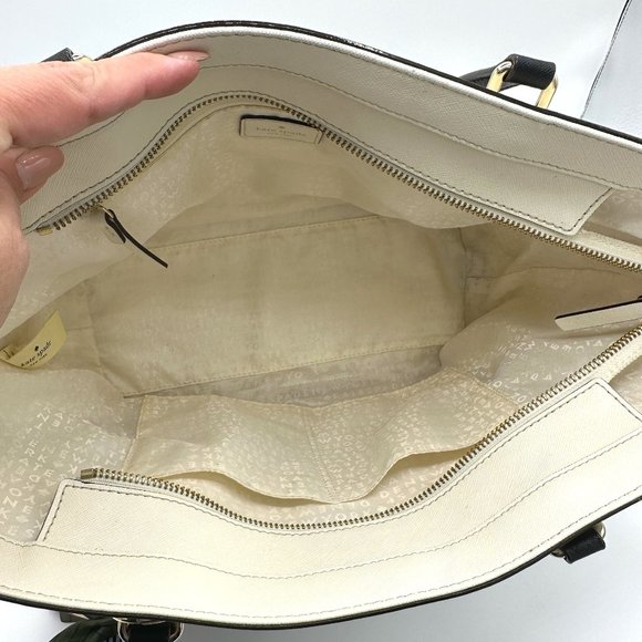 EUC Kate Spade Beige/Ivory/Black Colorblock Zip-Top Leather Tote + Bag Charm - Picture 15 of 16